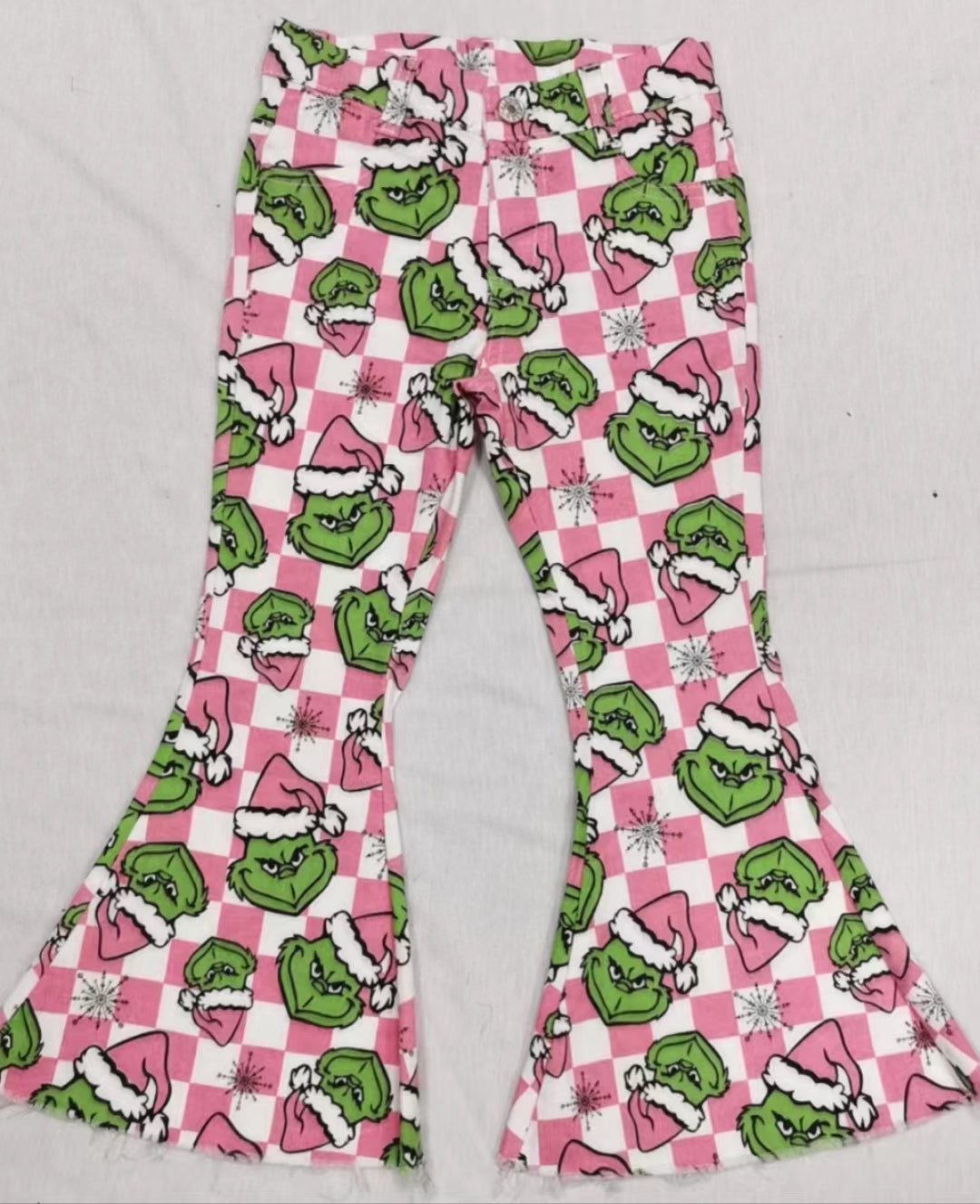 Baby Girls Christmas Pink Face Checkered Bell Flare Denim Pants preorder