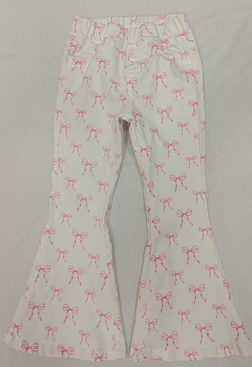 Baby Girls Pink Bows Print White Denim Bell Bottom Pant Preorder