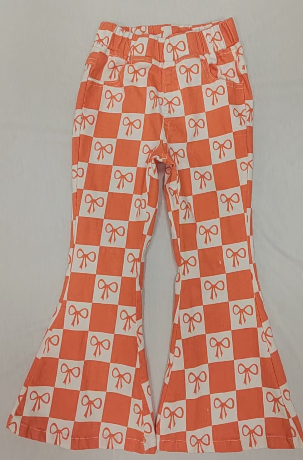 Baby Girls Bows Plaid Print Orange Denim Bell Bottom Pant Preorder