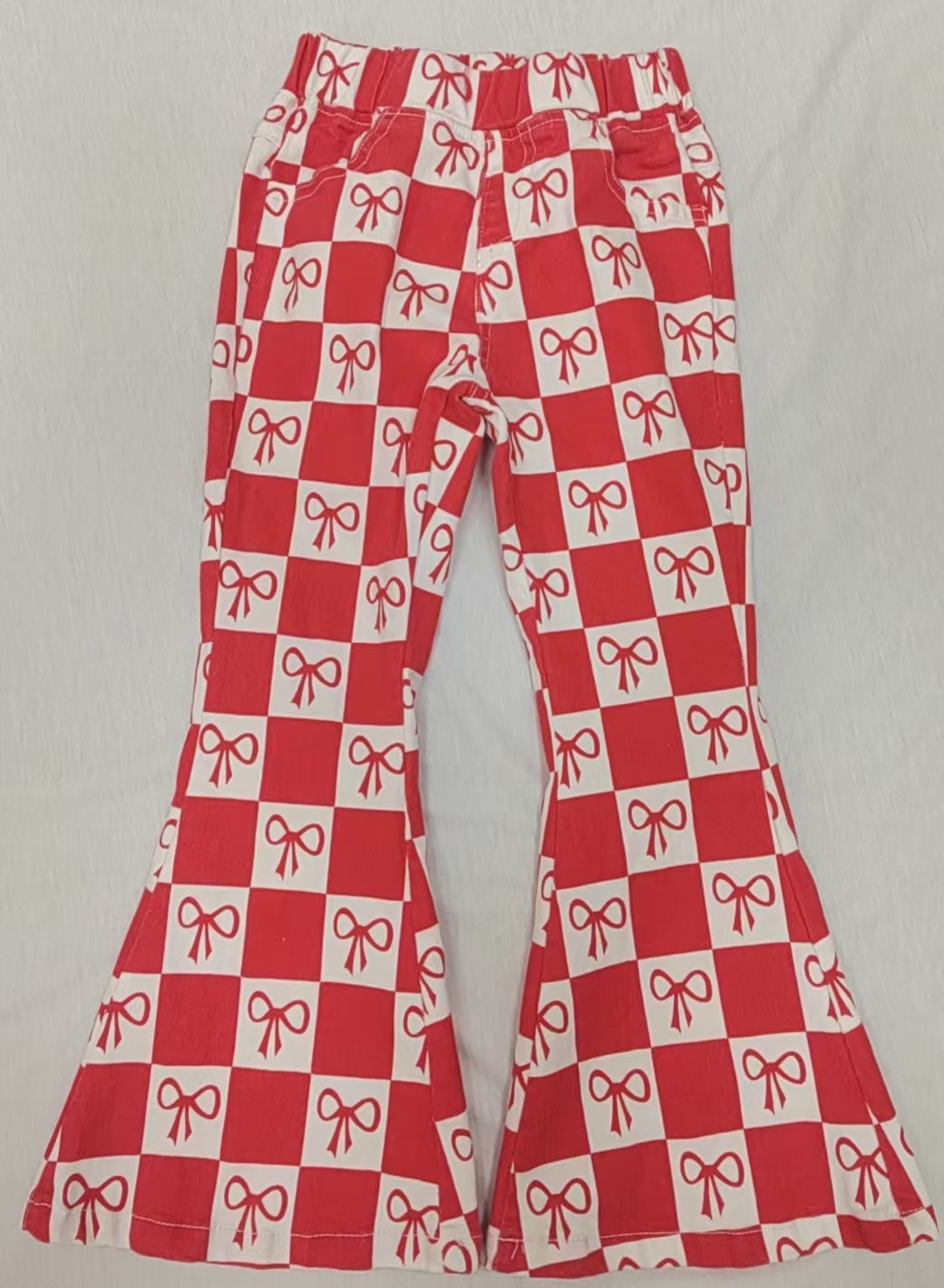 Baby Girls Bows Plaid Print Red Denim Bell Bottom Pant Preorder