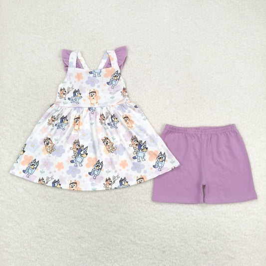 Baby Girls cartoon Dog Tunic Top Ruffle Shorts Set