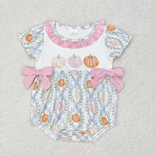 SR1865 Newborn Baby Girls Pumpkin Short Sleeve Bubble Romper