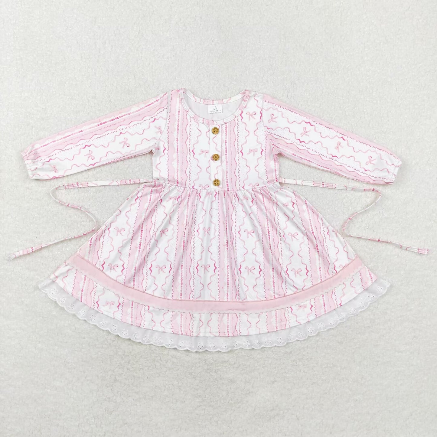 GLD0546 Baby Girls Pink Bow Long Sleeve Dress With Lace Ruffle