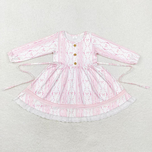 GLD0546 Baby Girls Pink Bow Long Sleeve Dress With Lace Ruffle