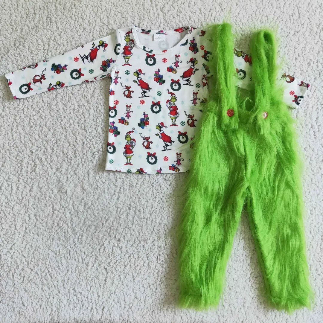 Toddler Boys Clothes Christmas Cartoon Green Top and Fur Pants Set