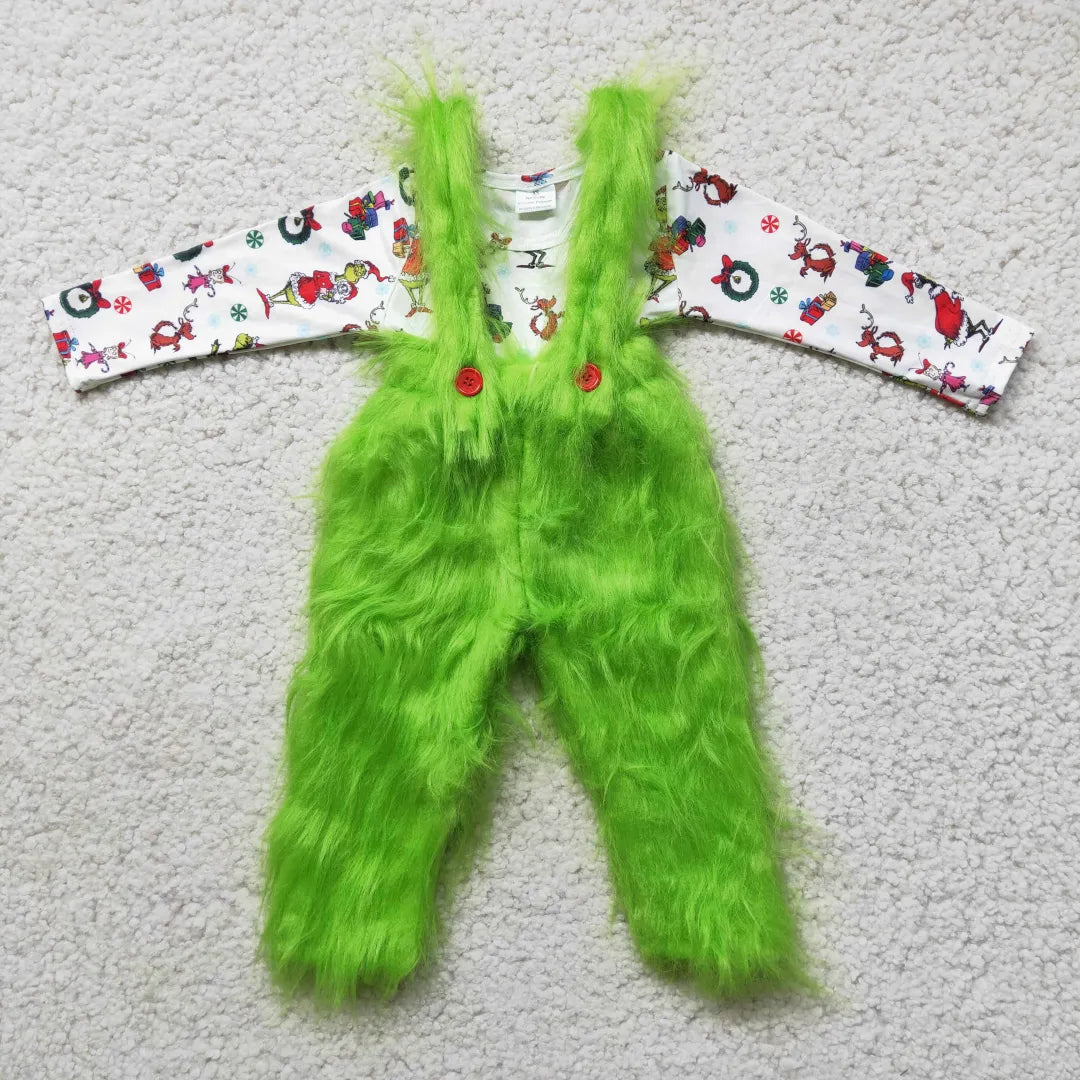 Toddler Boys Clothes Christmas Cartoon Green Top and Fur Pants Set