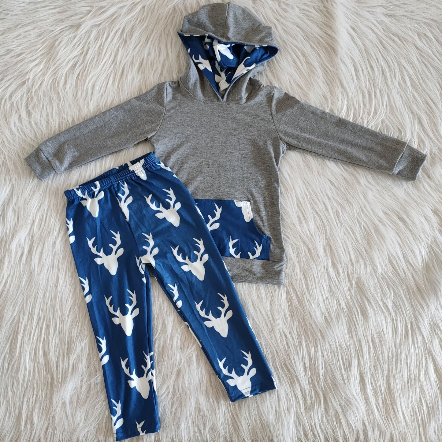 Boys Winter Deer Gray Hoodie Top Set ON SALE