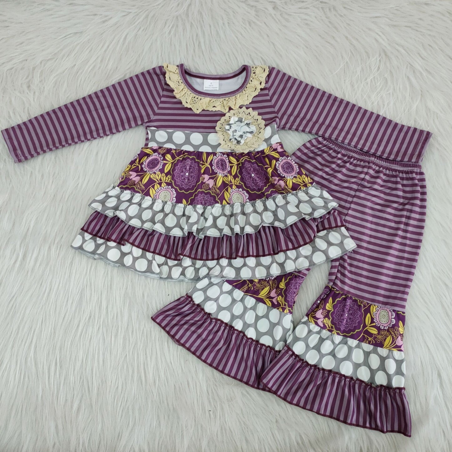 Fall Winter Kids Girls Vintage Floral Outfit With Lace Collar