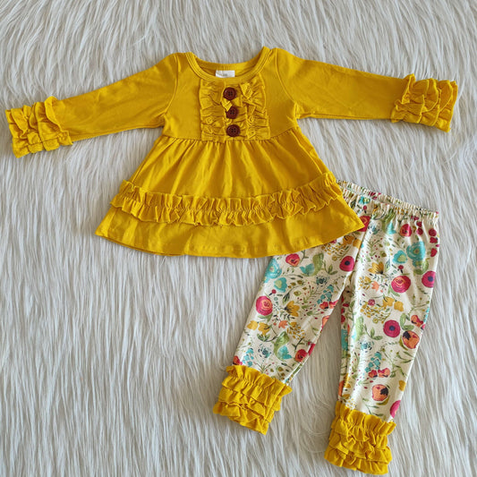 Yellow Cotton Tunic Top With Floral Leggings Set