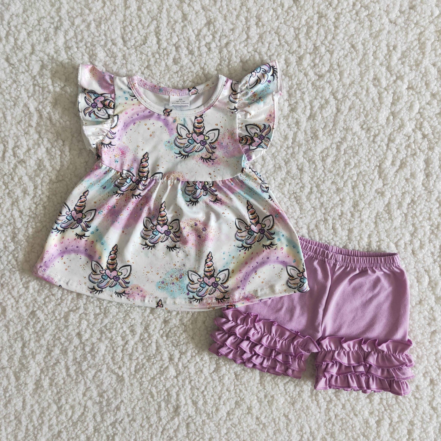 Summer Girls Unicorn Purple Shorts Set