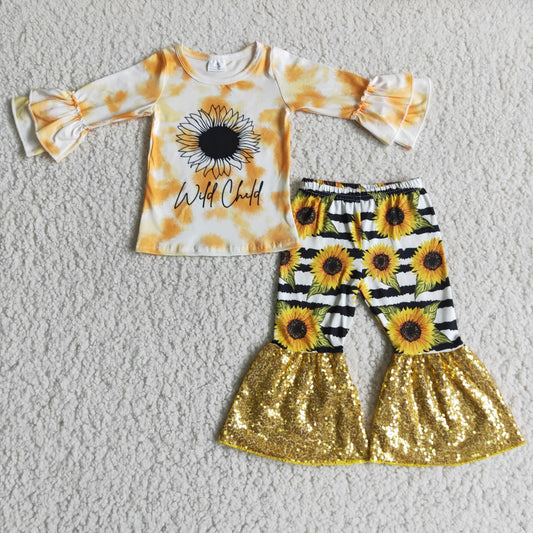 Girls Sunflower Top Yellow Sequin Ruffle Pants Set ON SALE