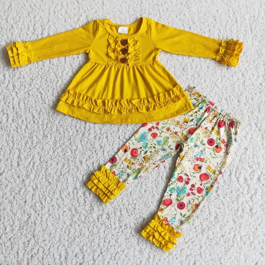 Solid Color Yellow Cotton Tunic Top Floral Leggings Set