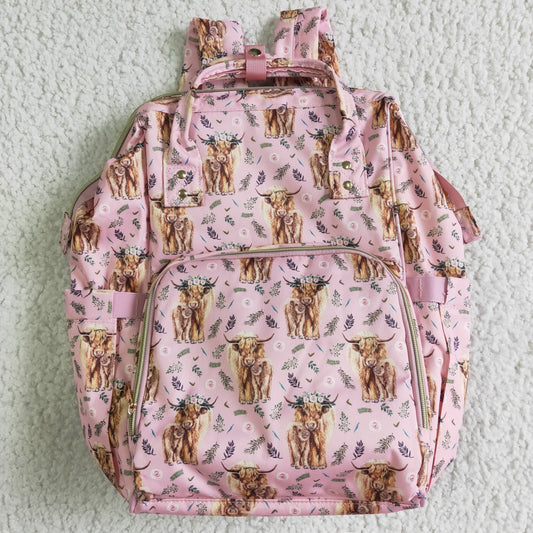 BA0016  Floral Pink Floral Highland Cow Mommy Bag BACKPACK