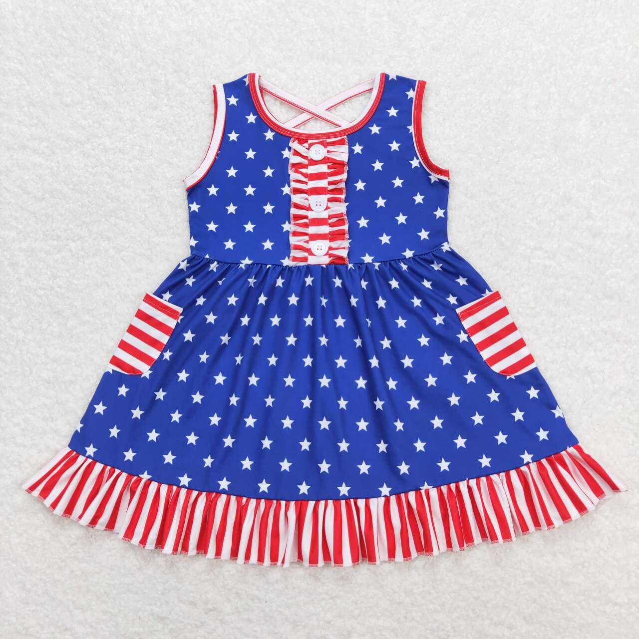 Kids Girls July 4th Stars Sleeveless Dress With Pocket