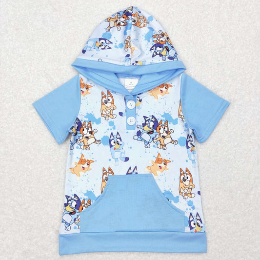 Cartoon Blue Dog Hoodie Top Short Sleeve Boys