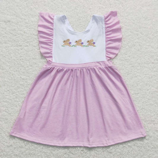 Baby Girls Pink Flutter Sleeves Embroidery Bunny Easter Dress