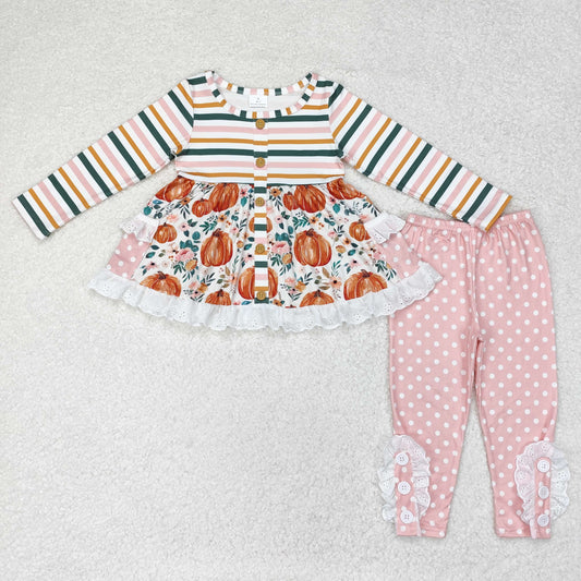 Baby Girls Fall Pumpkin Top Pink Polka Dot Pants Set