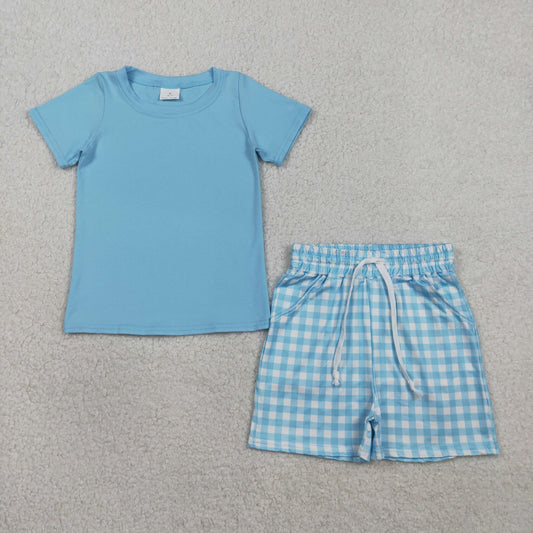 BSSO1883 Baby Boys Blue Short Sleeve Top With Gingham Shorts Set