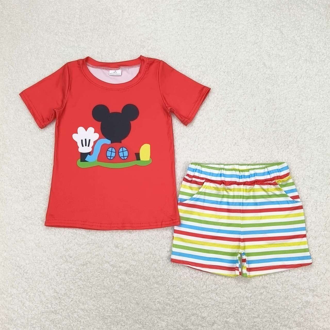 Baby Boys Cartoon Mouse Red Top Striped Shorts Set