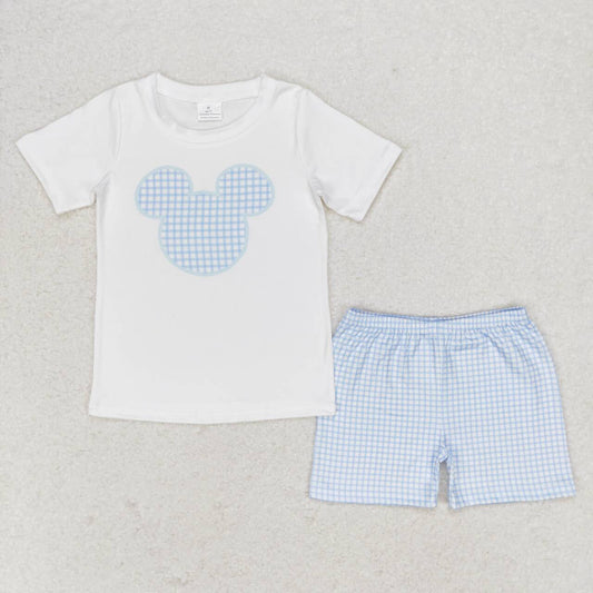 Baby Boys Summer Cartoon Mouse Top Blue Gingham Shorts Set