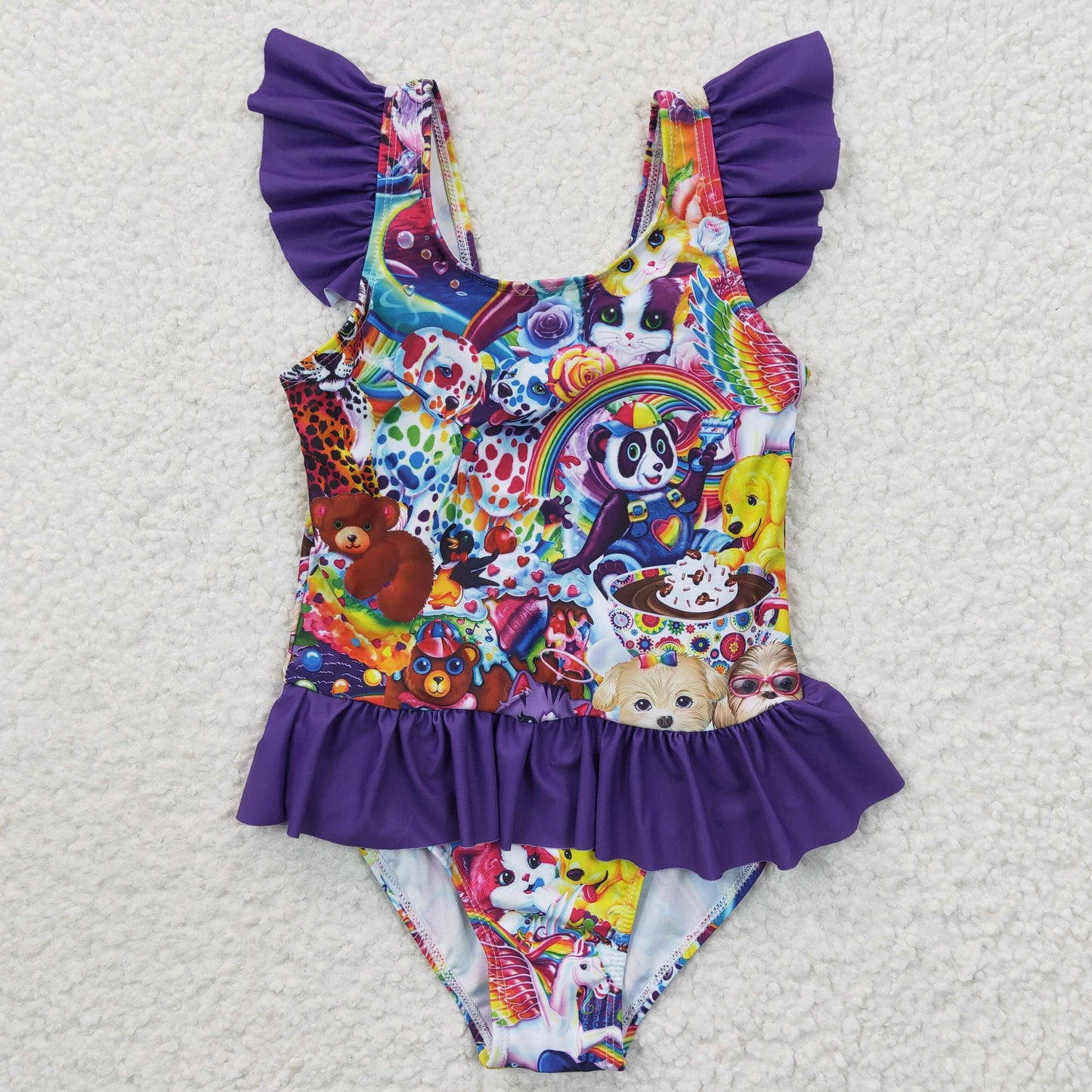 S0041 Girls Cute Cartoon Purple Swimsuit