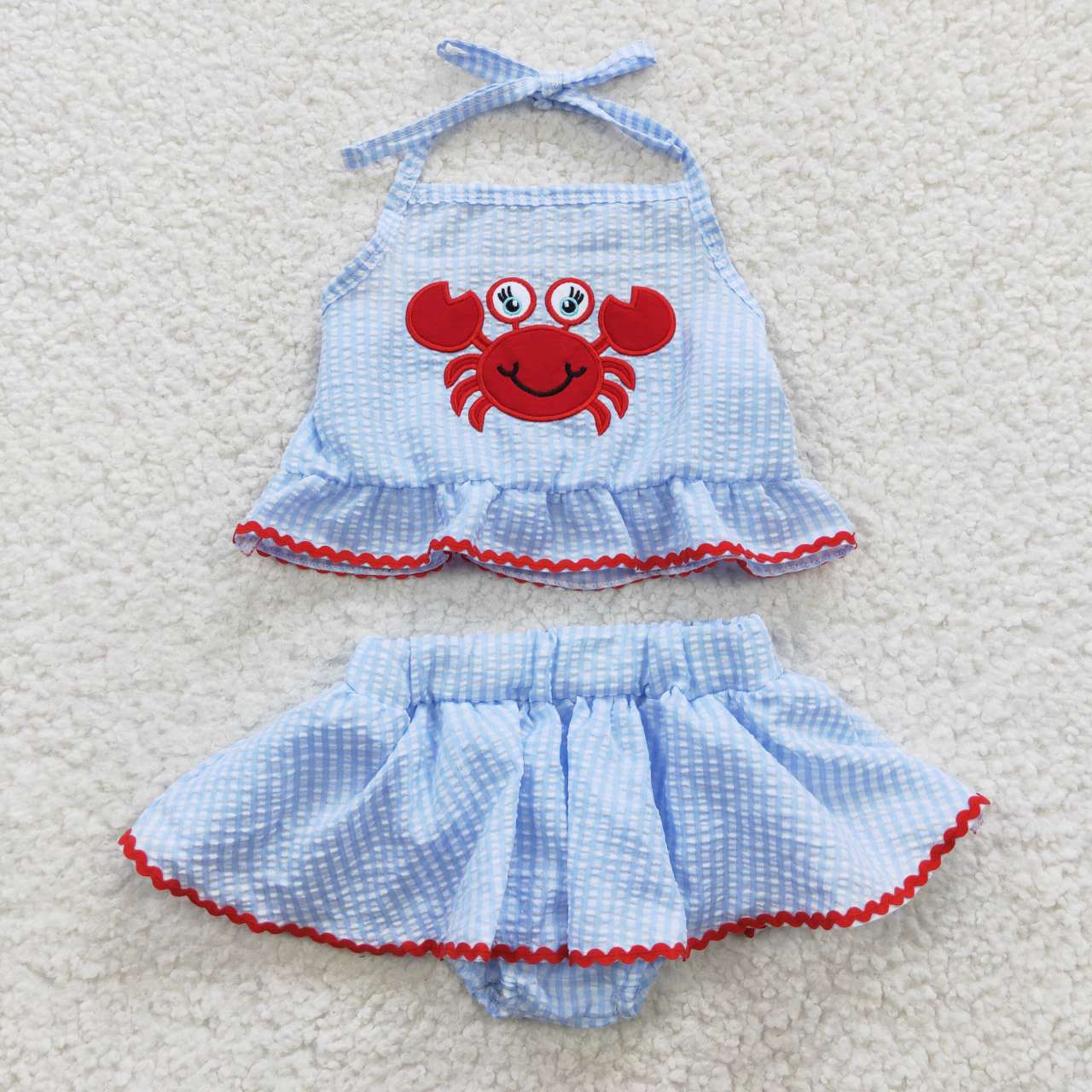 S0081 Summer Girls Embroidery Crab Seersucker Swimsuit