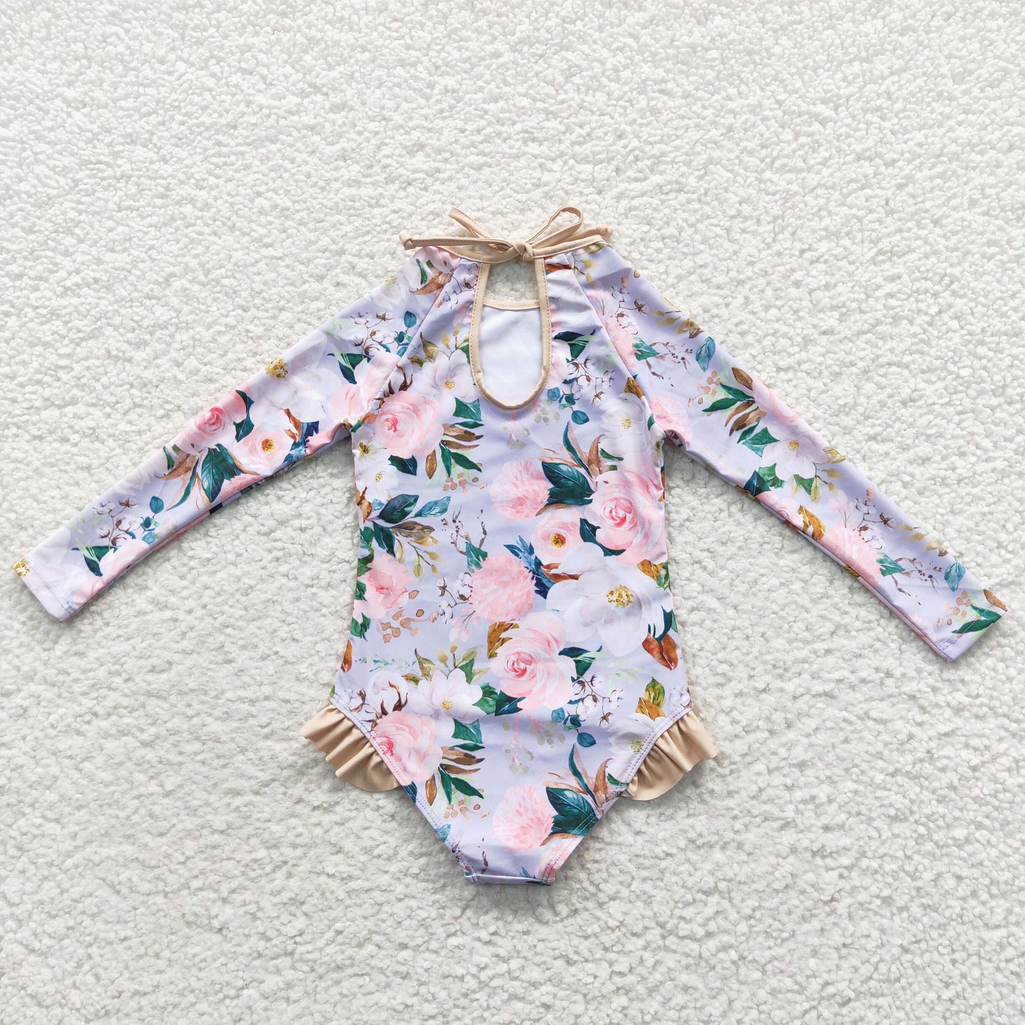 S0085 Girls Long Sleeve Rose Flower One-piece Swimsuit