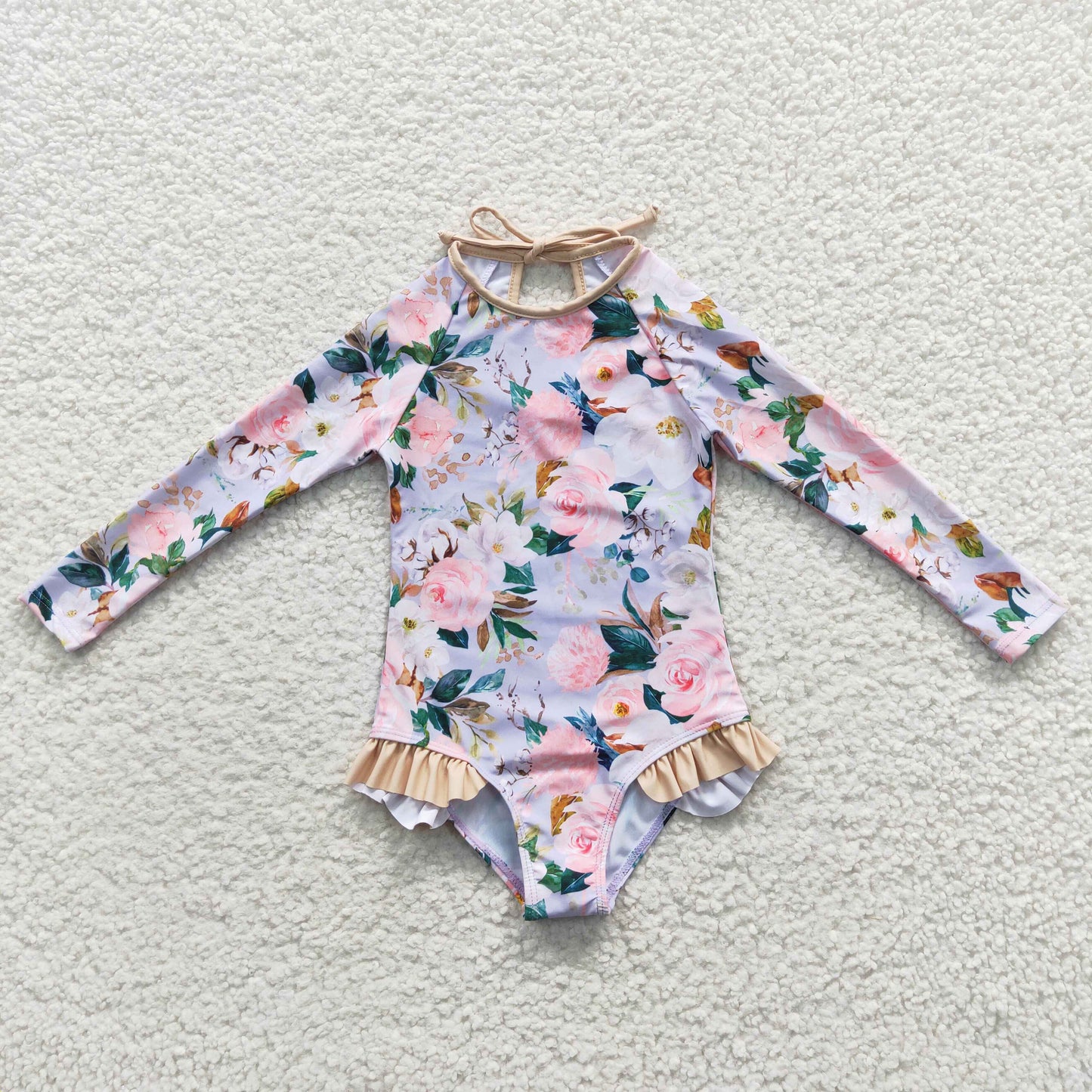 S0085 Girls Long Sleeve Rose Flower One-piece Swimsuit