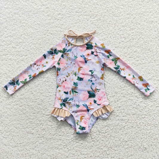 S0085 Girls Long Sleeve Rose Flower One-piece Swimsuit