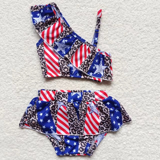 S0094 Girls July 4th Leopard Swimsuit