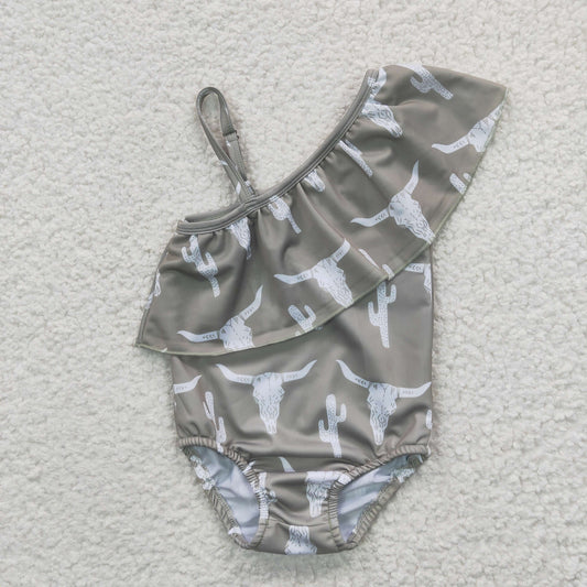 S0106 Girls Steer's Skull Print One-piece Swimsuit