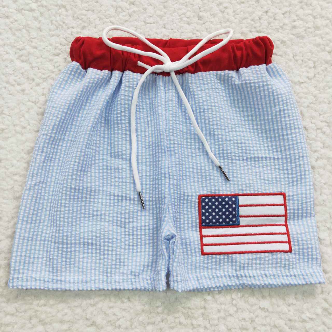 Boys Summer Embroidery Flag Seersucker Trunks S0135