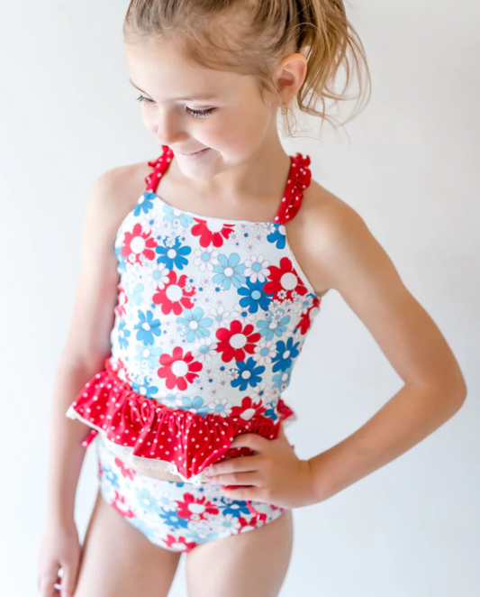 Girls Blue Red Flower Print Two Piece Swimsuit