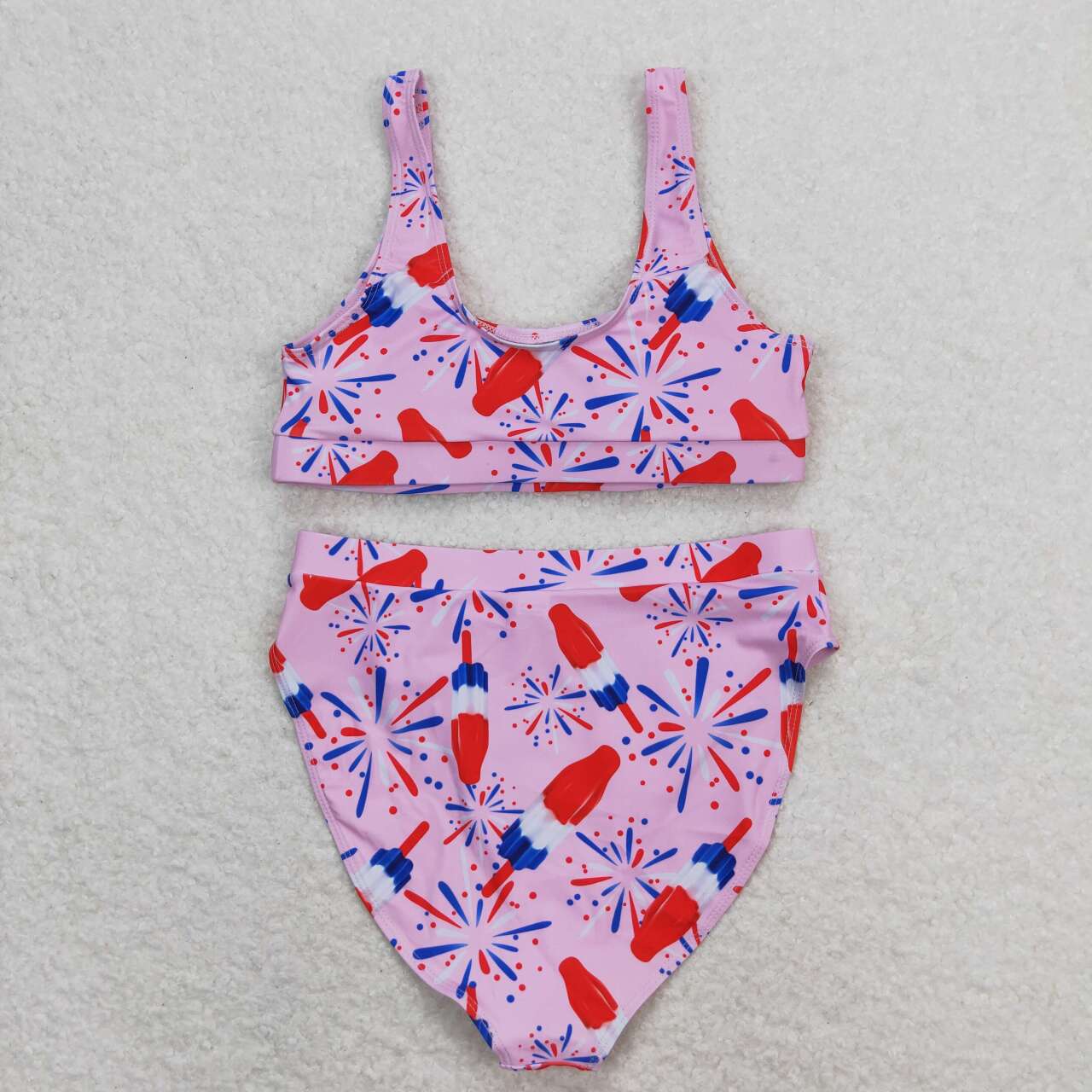 S0334 Adult Women Pink Popsicle 4th Of July Top Bottom Swimsuits Sets