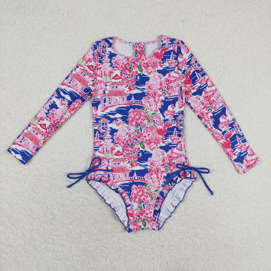 S0376 Baby Girls  Flower Long Sleeve One-piece Swimsuit With Beach Wear