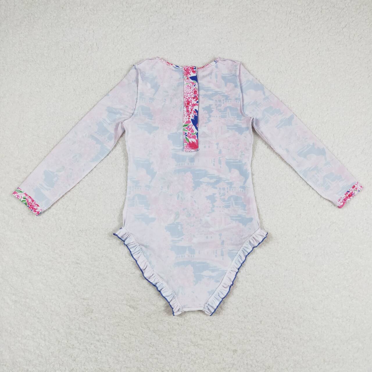 S0376 Baby Girls  Flower Long Sleeve One-piece Swimsuit With Beach Wear