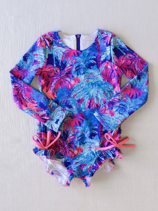 S0377 Baby Girls  Coconut Leaf Long Sleeve One-piece Swimsuit With Beach Wear