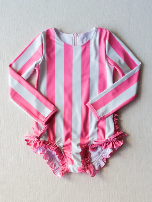 S0384 Baby Girls Pink Striped One-piece Long Sleeve  Swimsuit Beach Wear Preorder