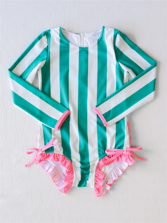 S0386 Baby Girls Green Striped One-piece Long Sleeve  Swimsuit Beach Wear Preorder