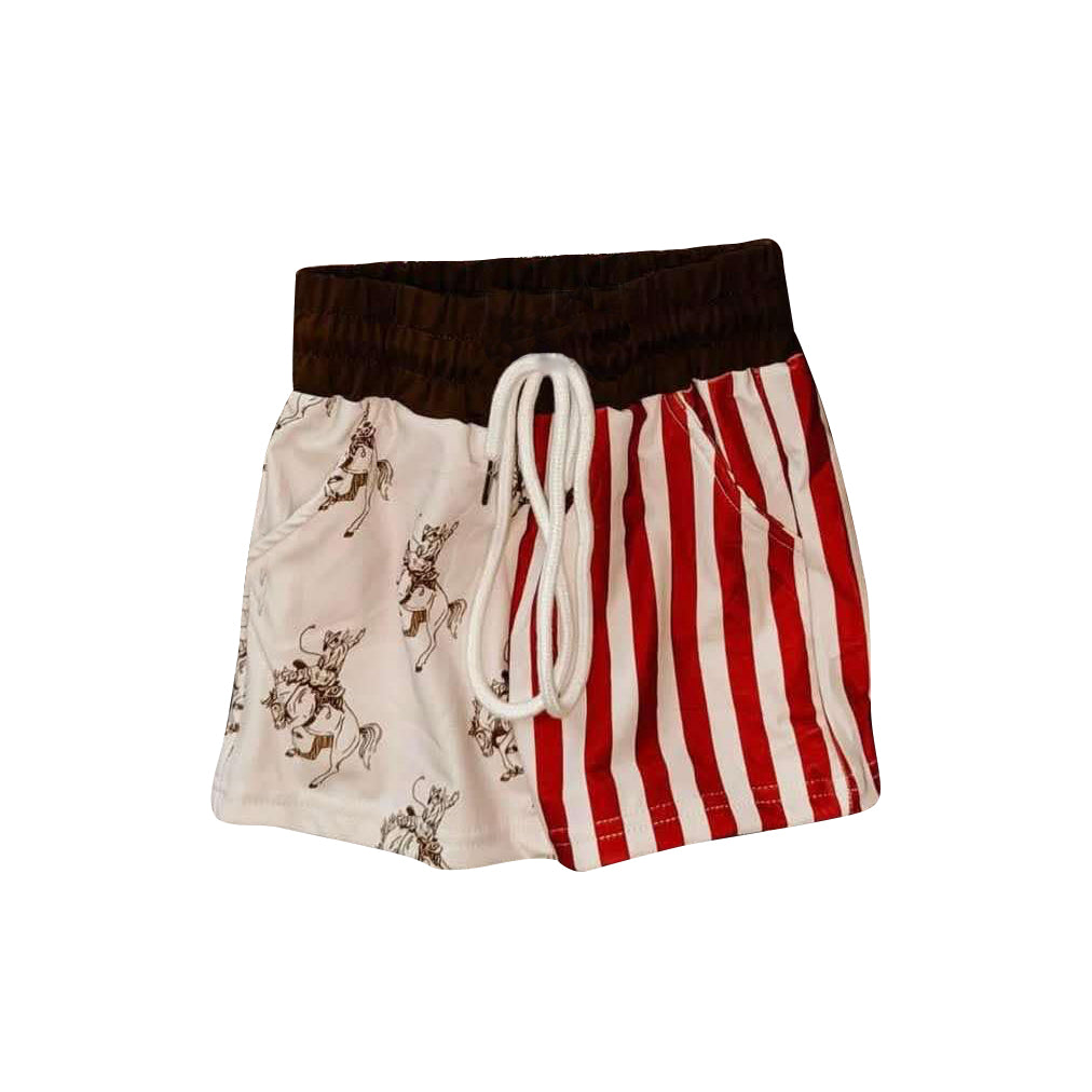 Baby Boys Brown Horse Rodeo Red Stripe Pockets Swim Trunks Preorder