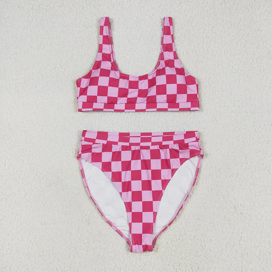 Adult Women Pink Checkered Top Bottom Swimsuits Sets