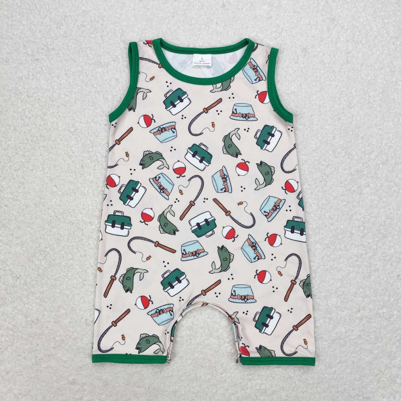 SR0914 Baby Boys Fishing Green Sleeveless Rompers