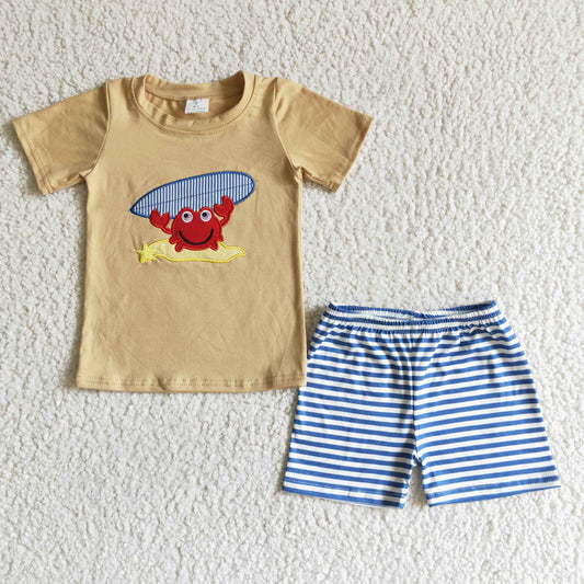 Summer Boys Crab Embroidery Outfit