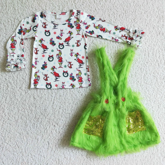 Toddler Girl Clothes Christmas Cartoon Green Skirt Set RTS