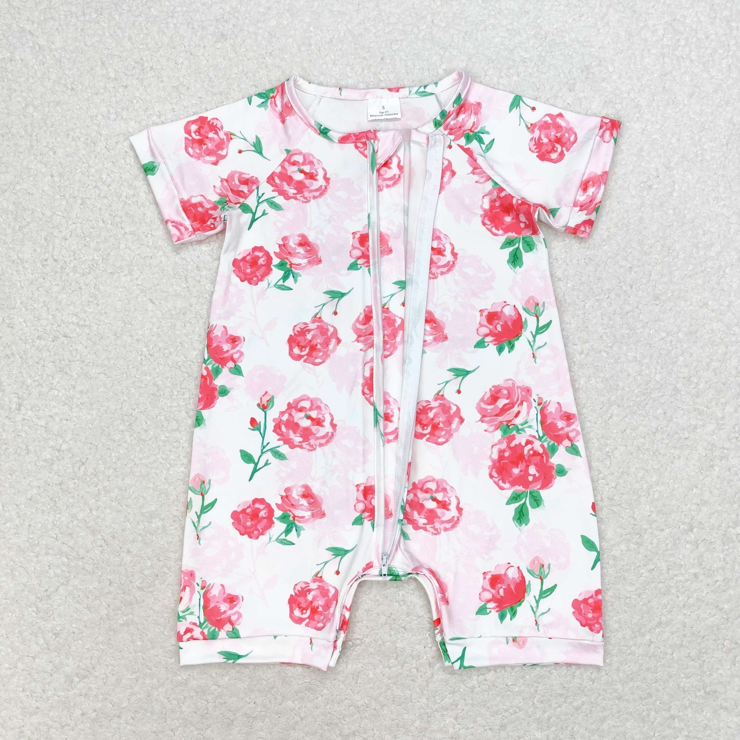 Baby Girls Pretty Rose Short Sleeve Zipper Romper