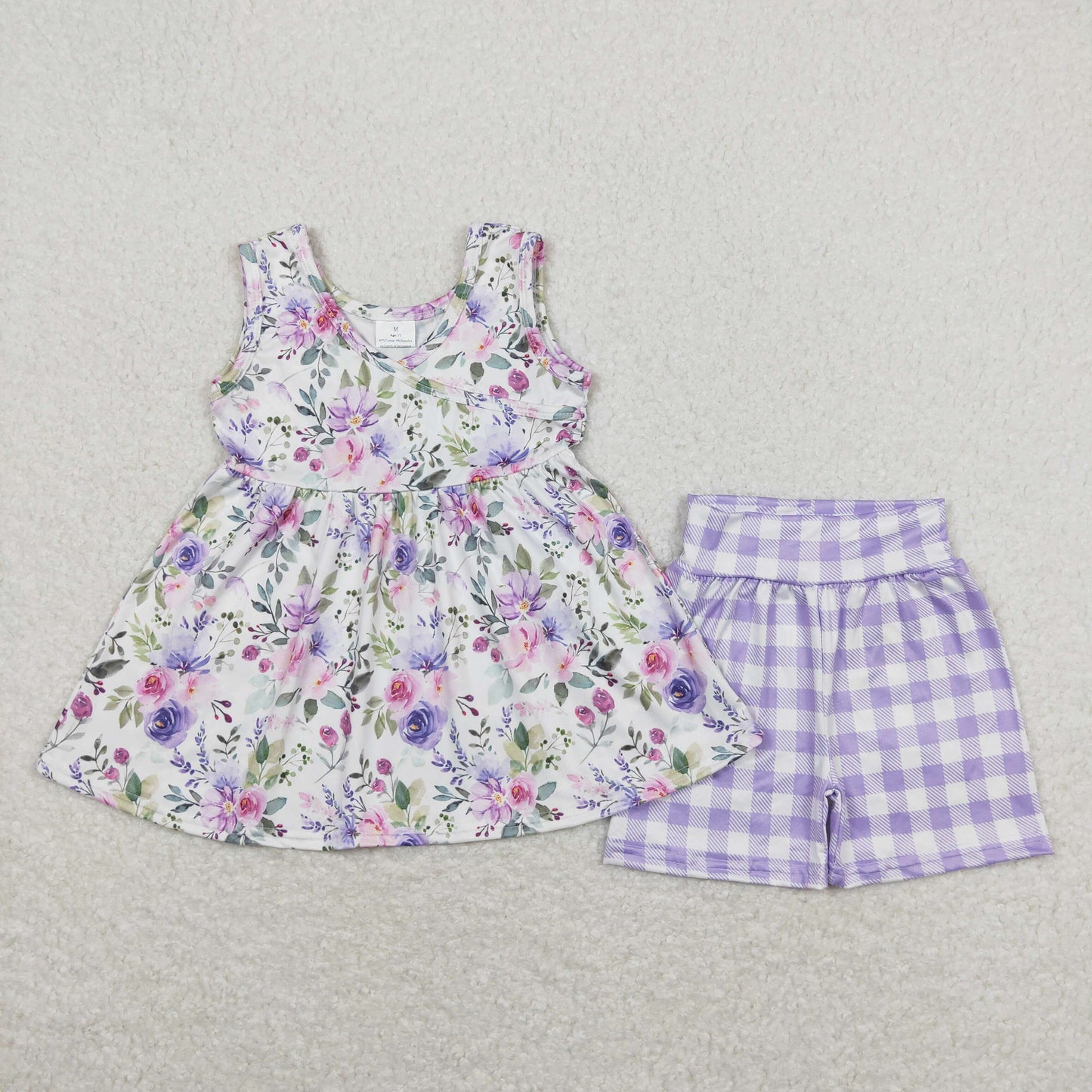 Sibling Summer Clothing Floral Sleeveless Tunic Top Matching Purple Shorts Set