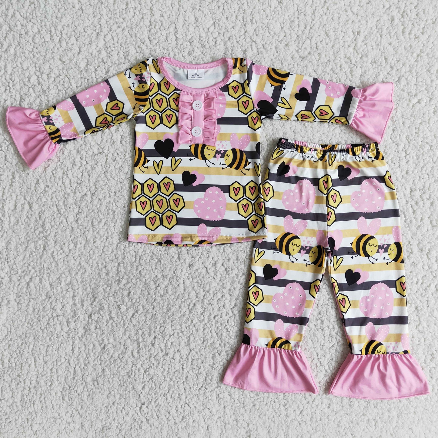 Kids Girls Bee Heart Pajamas Set With Ruffle