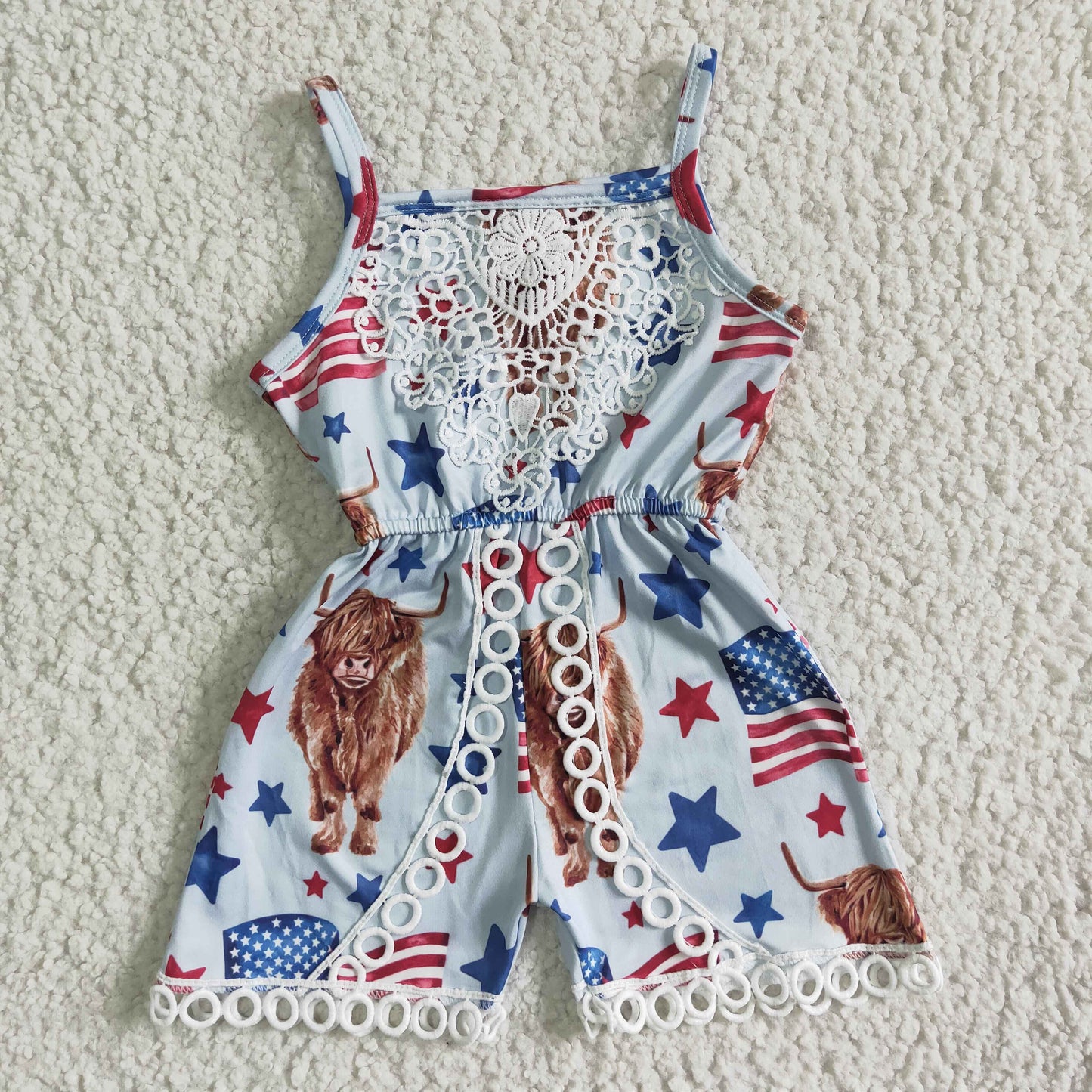 SR0053  Baby Girls Highland Cow July 4th Jumpsuit