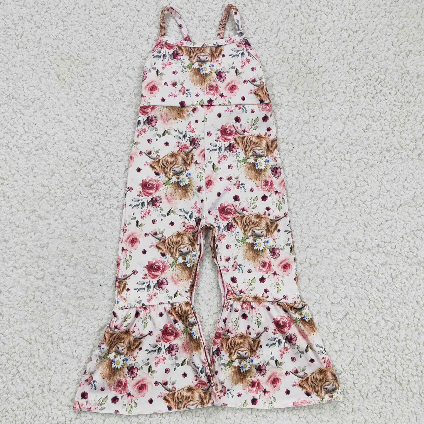 SR0114 Kids Girls Highland Cow Flower Jumpsuit