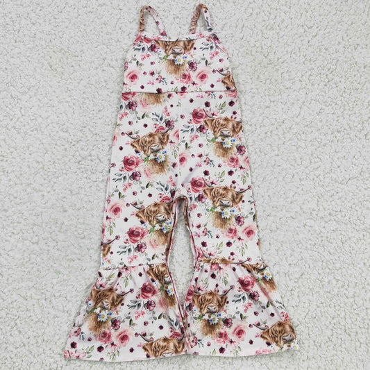 SR0114 Kids Girls Highland Cow Flower Jumpsuit